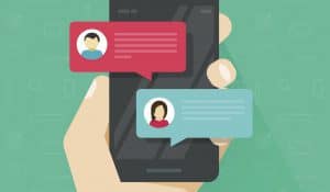 Chat messages notification on smartphone vector illustration, flat style sms bubbles on mobile phone screen, man person chatting on cellphone with woman